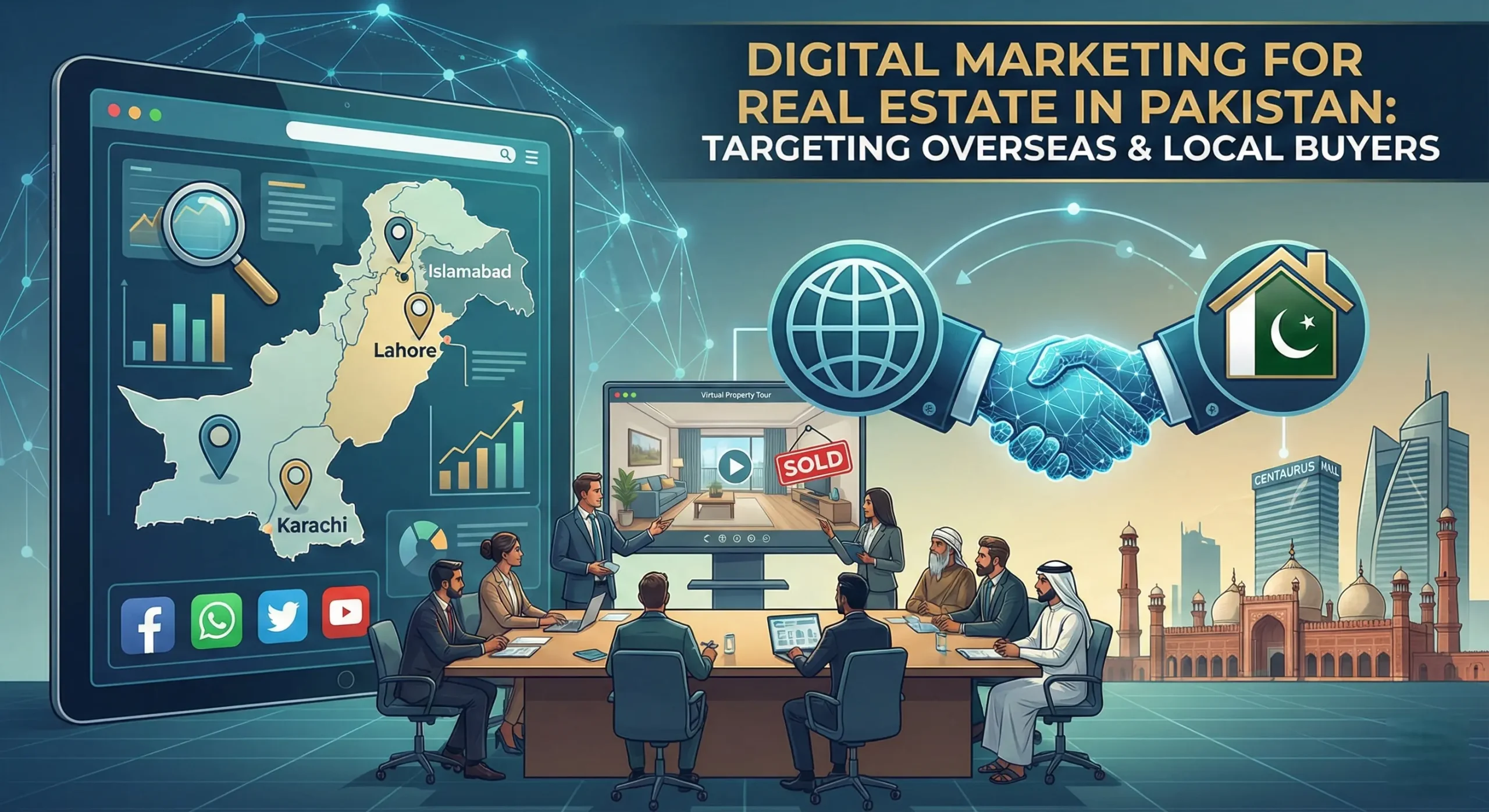 A professional illustration depicting digital marketing for real estate in Pakistan, featuring a digital map of Pakistan, social media icons like WhatsApp and Facebook, and a globe connecting local property dealers with overseas investors.