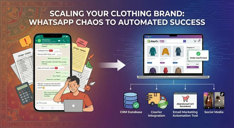 A split-screen illustration showing the evolution of a Pakistani fashion brand: the left side shows chaotic manual orders on WhatsApp, while the right side shows a sleek, automated e-commerce dashboard on a laptop with sales graphs and trendy clothing items.