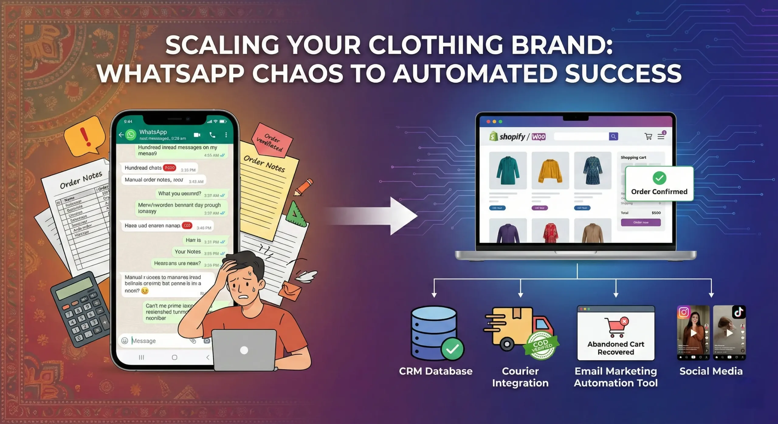 A split-screen illustration showing the evolution of a Pakistani fashion brand: the left side shows chaotic manual orders on WhatsApp, while the right side shows a sleek, automated e-commerce dashboard on a laptop with sales graphs and trendy clothing items.