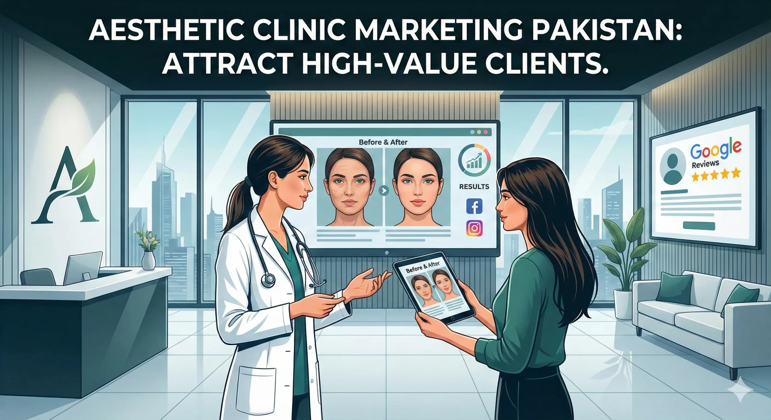 Illustration of a modern aesthetic clinic in Pakistan, featuring a doctor consulting a patient, digital screens showing before/after results, and icons representing Instagram marketing and Google Reviews.