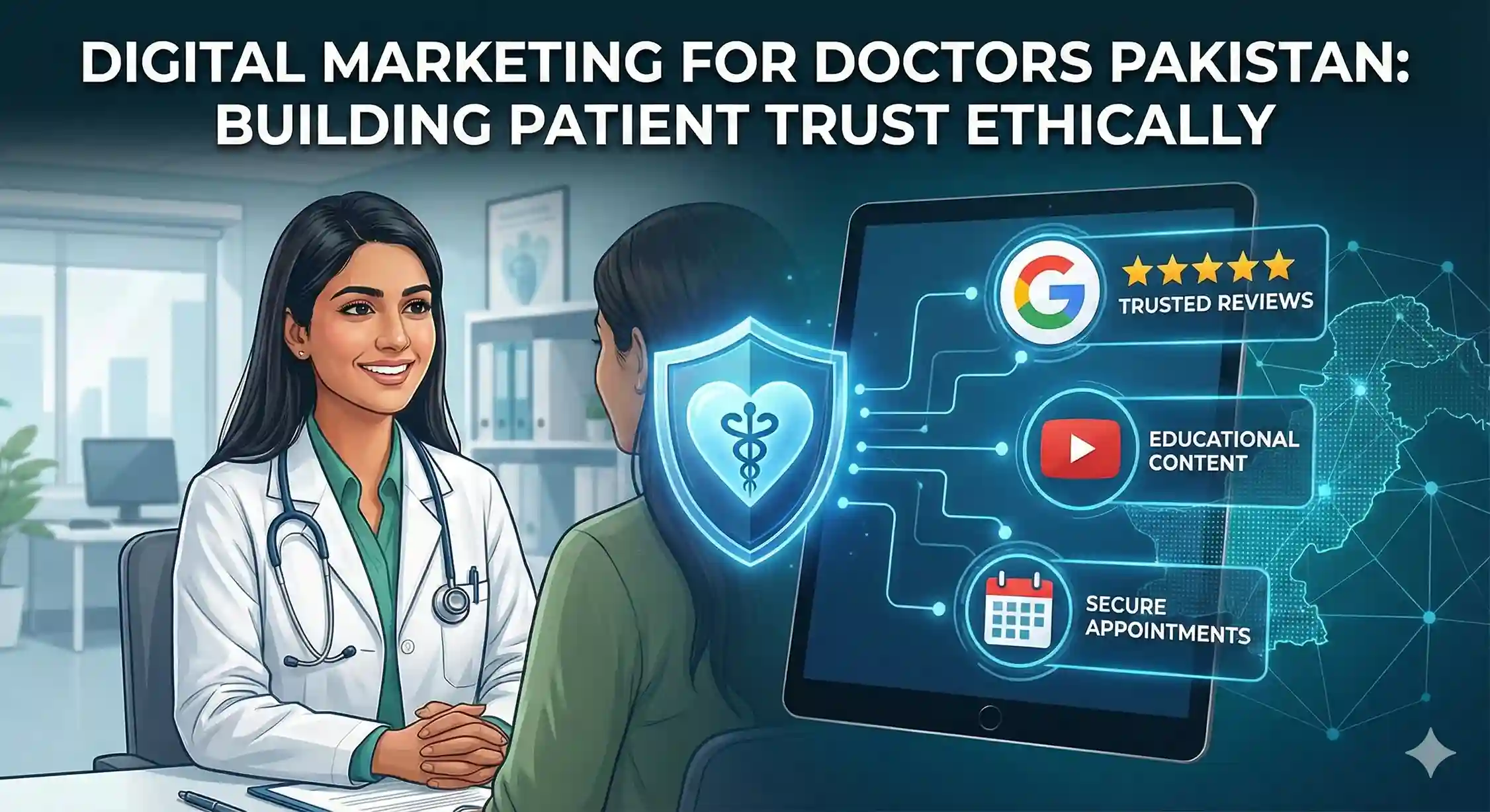 Illustration showing a Pakistani doctor using a tablet to manage patient reviews and appointments, with icons representing Google Maps, trusted medical content, and ethical digital growth.