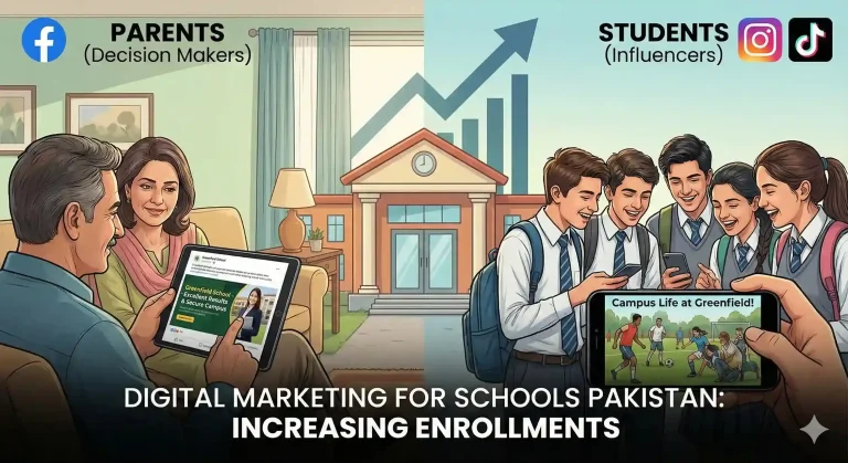 Illustration of digital marketing for schools in Pakistan, showing a split strategy Facebook ads targeting parents and InstagramTikTok content engaging students, leading to a busy admissions office.
