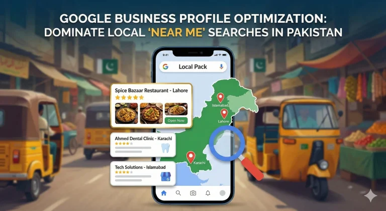 Illustration of a smartphone displaying the Google Maps 'Local Pack' with top-rated Pakistani businesses, highlighting reviews, optimized photos, and the 'Call Now' button.