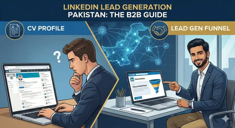 LinkedIn Lead Generation: A Guide for B2B Service Providers in Pakistan 8 Illustration showing a Pakistani professional using LinkedIn on a laptop to connect with business owners, featuring icons of connection requests, messages, and a sales funnel.