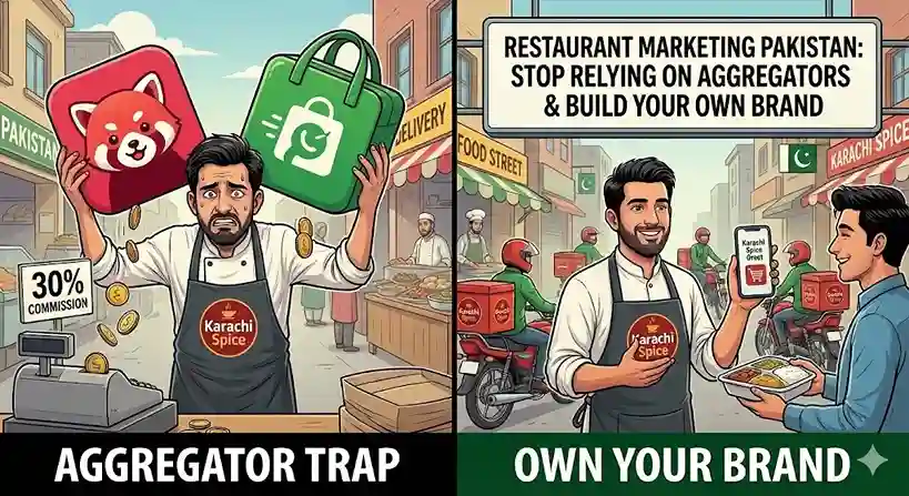 Restaurant Marketing in Pakistan: How to Stop Relying on Aggregators and Build Your Own Brand 1 Illustration showing a Pakistani restaurant owner breaking free from high-commission delivery apps by using their own direct ordering website and engaging customers through local digital marketing.