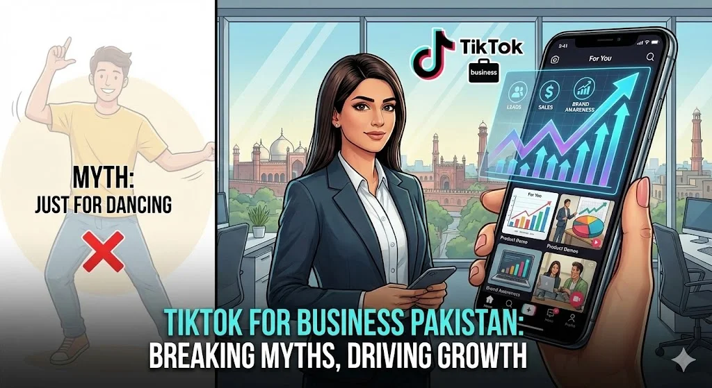 Illustration of a Pakistani business owner analyzing TikTok analytics on a smartphone, surrounded by icons of viral trends, Spark Ads, and user engagement graphs.