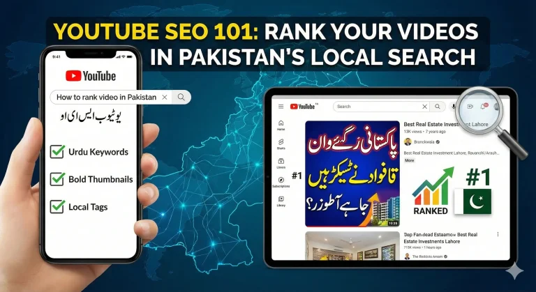Illustration showing a YouTube search results page on a tablet with a Pakistani map in the background, highlighting high-ranking videos with Urdu thumbnails and SEO analytics graphs.
