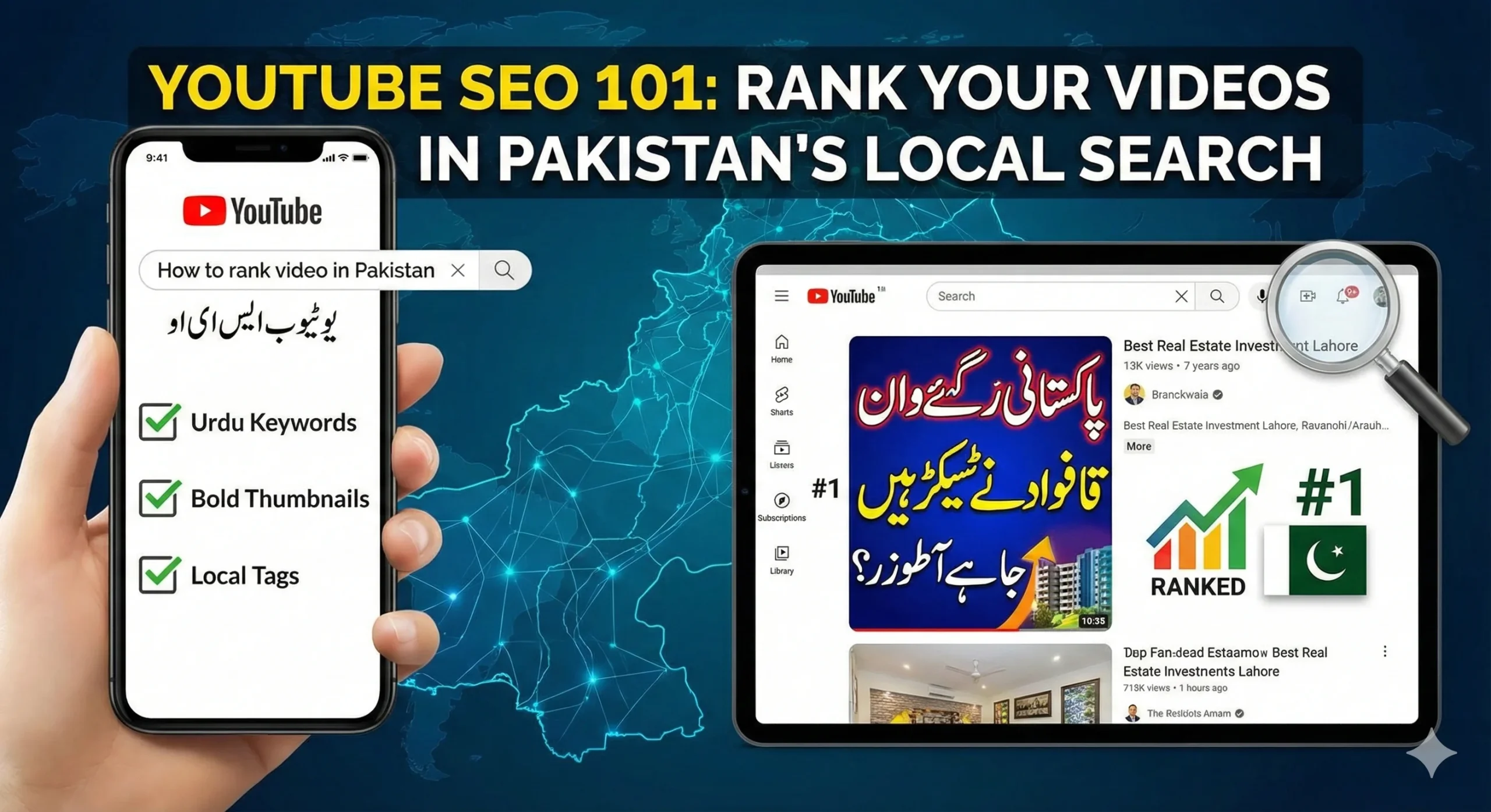 Illustration showing a YouTube search results page on a tablet with a Pakistani map in the background, highlighting high-ranking videos with Urdu thumbnails and SEO analytics graphs.