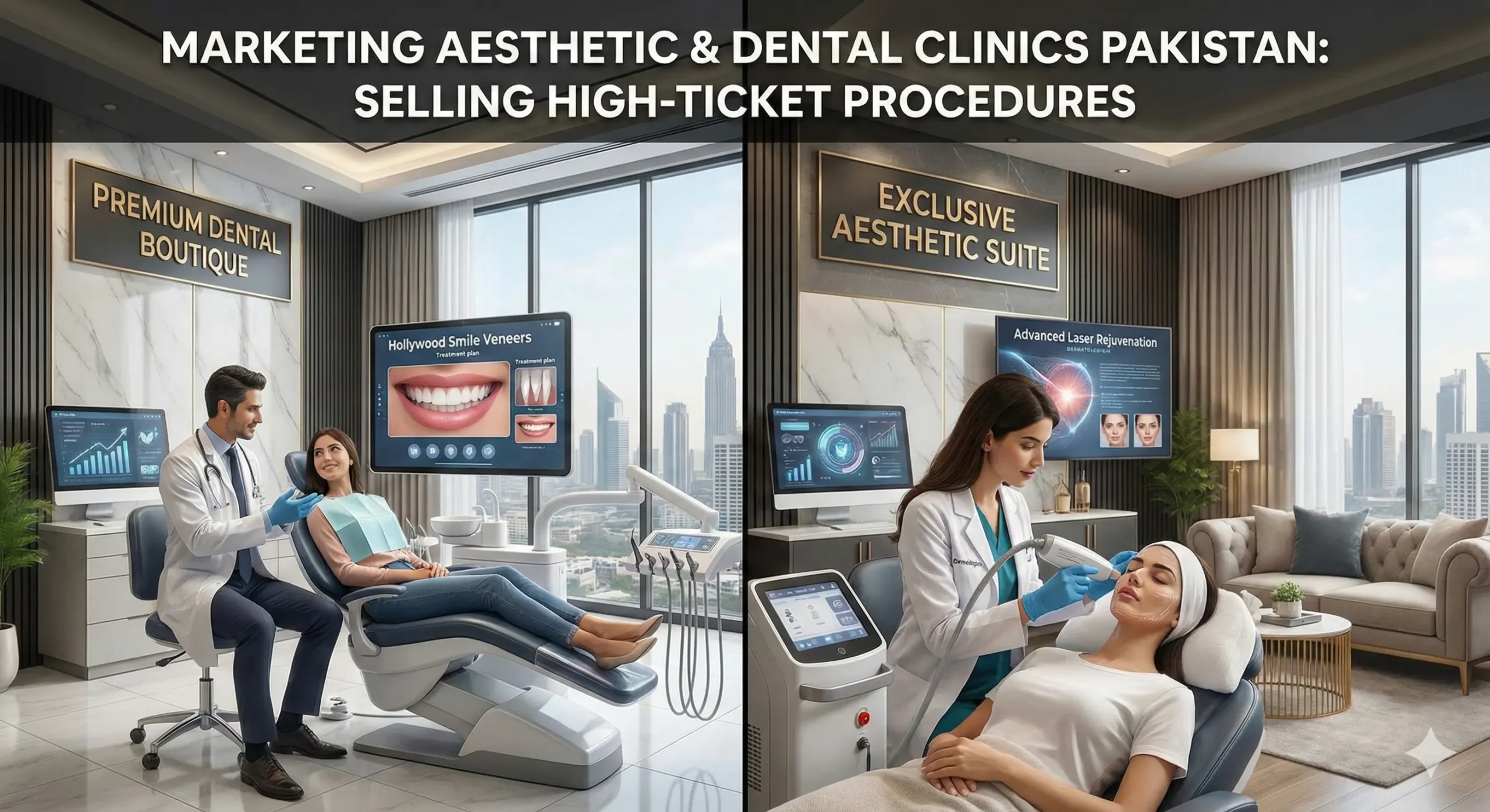 Marketing High-Ticket Aesthetic & Dental Procedures in Pakistan: Stop Competing on Price 1 A split-screen illustration of a luxury Pakistani clinic. One side shows a cosmetic dentist consulting a patient for veneers, the other shows an aesthetic doctor performing a laser treatment. Digital screens display high-ticket offer graphics.