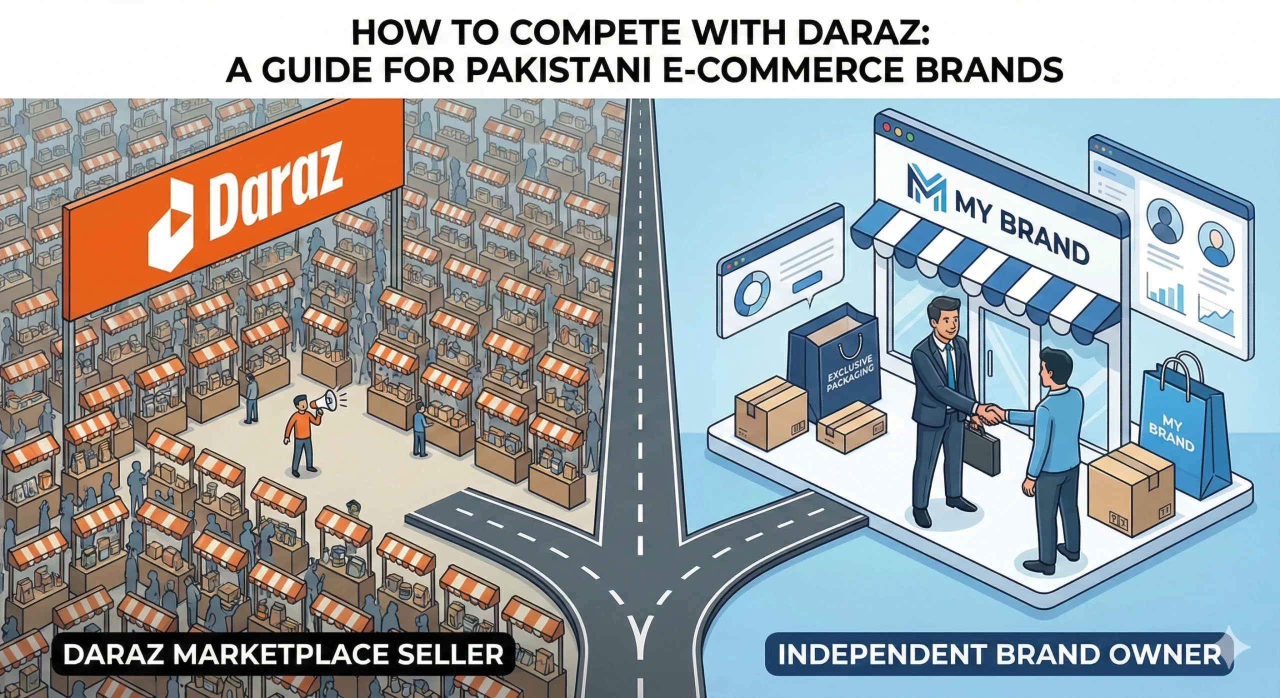 How to Compete with Daraz: A Guide for Pakistani E-commerce Brands 1 Illustration showing a split path for a Pakistani e-commerce seller: one path leads to a crowded Daraz marketplace, the other leads to their own branded online store with loyal customers.