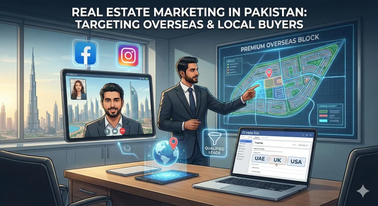 Illustration of a Pakistani real estate agent conducting a video call with an overseas client in front of a modern housing society map, with icons representing Meta Ads targeting and lead generation.