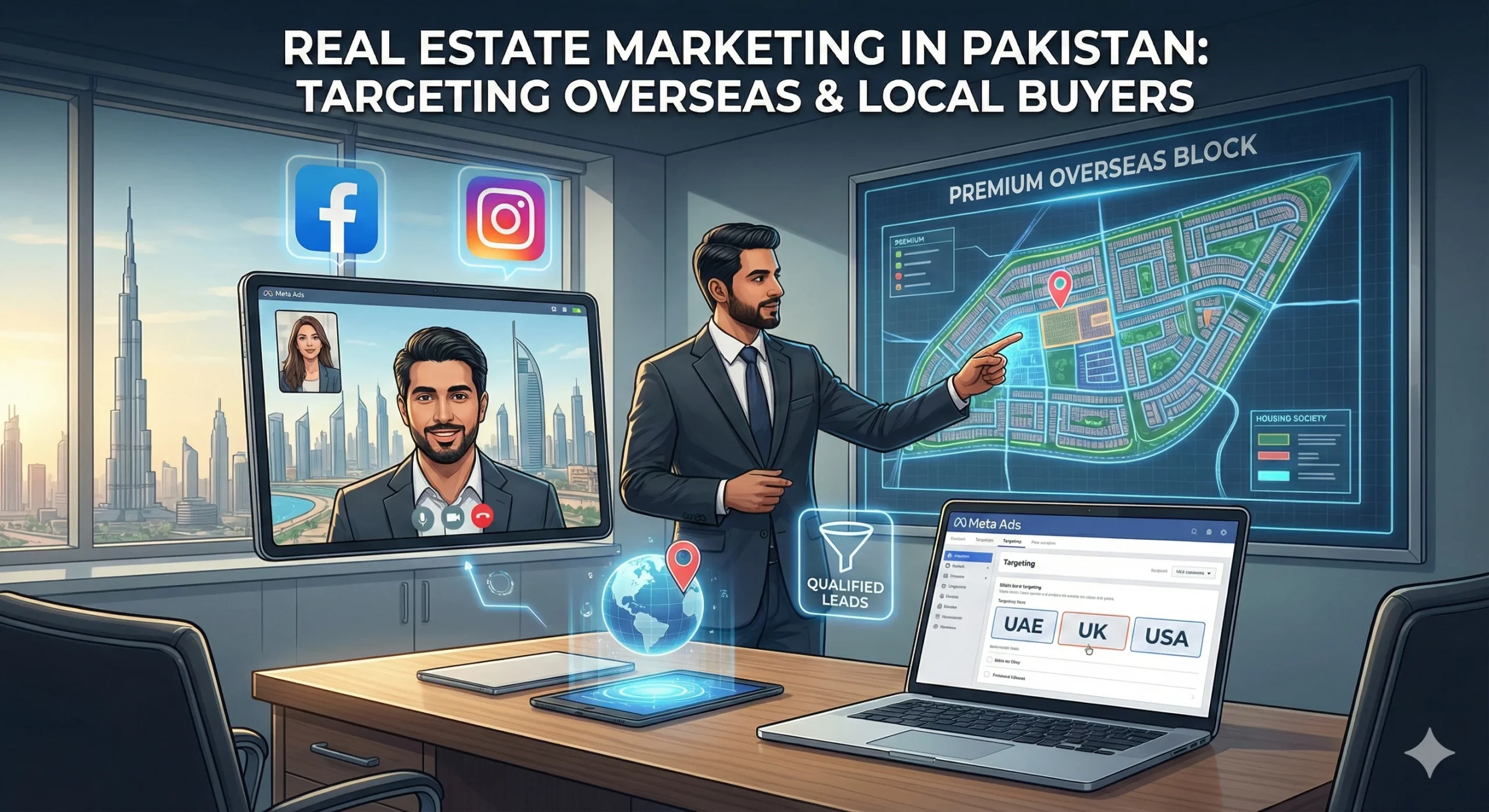 Illustration of a Pakistani real estate agent conducting a video call with an overseas client in front of a modern housing society map, with icons representing Meta Ads targeting and lead generation.