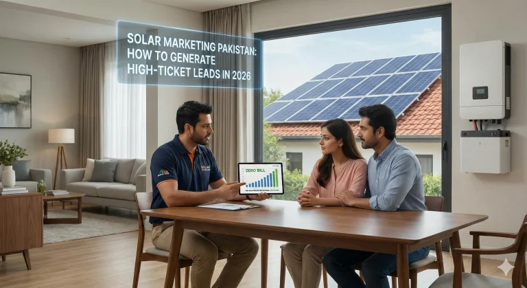 Illustration of a Pakistani solar engineer using a tablet to show a "Zero Bill" graph to a homeowner, with a backdrop of a modern house with solar panels and a hybrid inverter system.